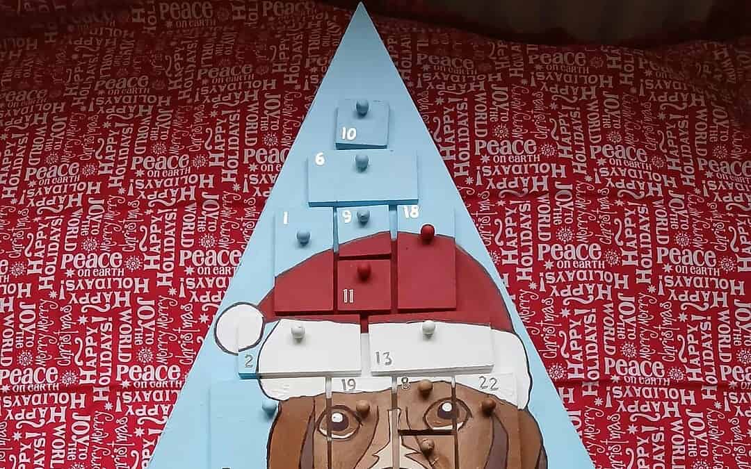 Dog-themed advent calendar on festive wrapping paper.